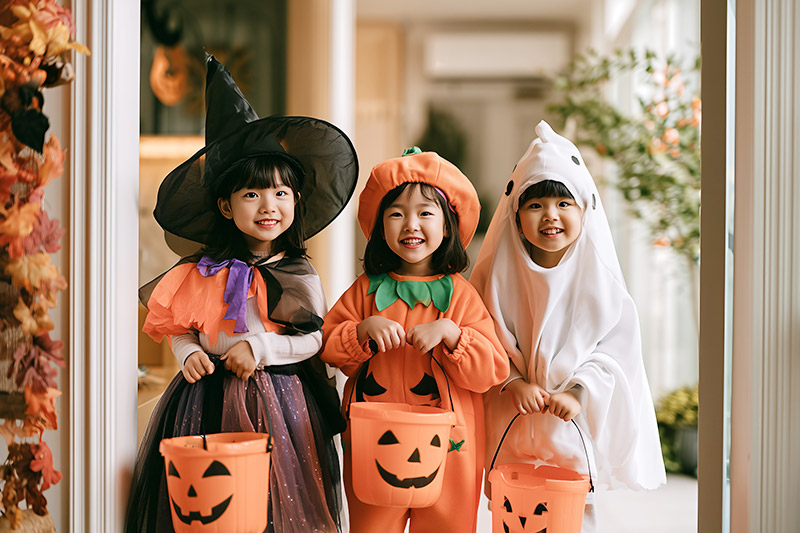 Halloweenの仮装をしてTrick-or-Treatを楽しむ子どもたち