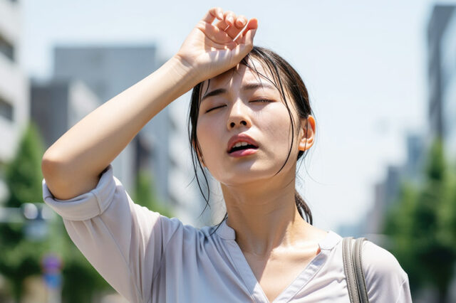 ニュージャージー・ニューヨークの暑い夏に、屋外で熱中症の症状を感じる女性