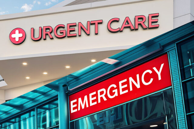 アメリカの医療システム:Urgent Care と ER(Emergency)の違いを示す病院の看板