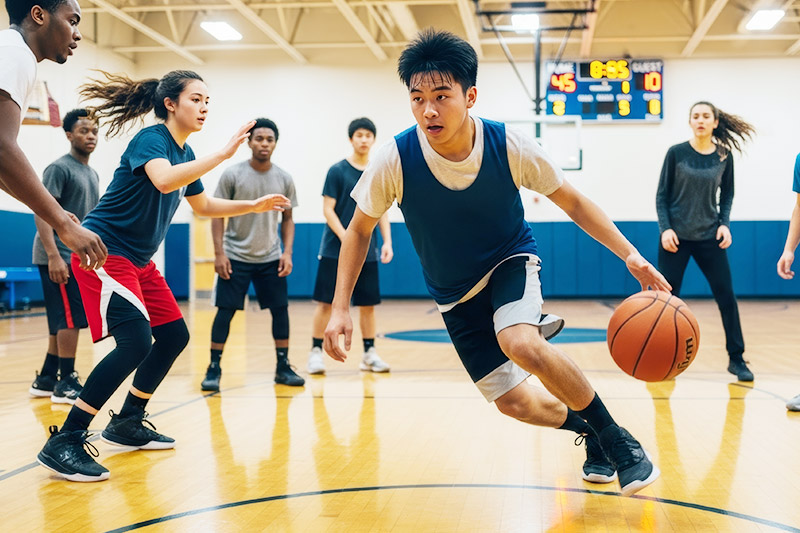 学校のバスケットボール活動に参加する中高生